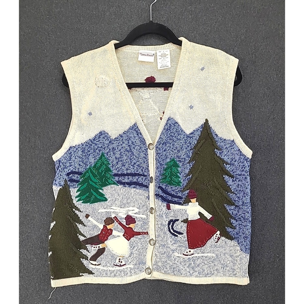 Vtg Ladies Large Bobbie Brooks Ugly Christmas Sweater Vest Skaters‎ Grandmacore
